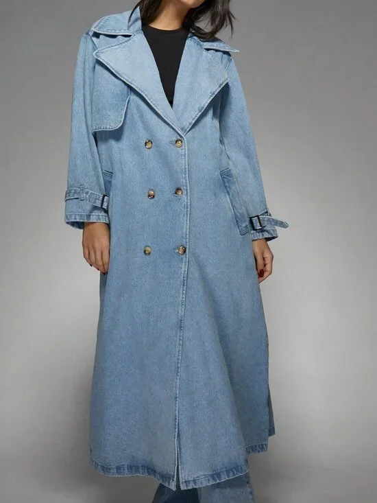 Light Wash Oversized Denim Women's Long Double Breasted Trench Coat - Picture 5 of 7